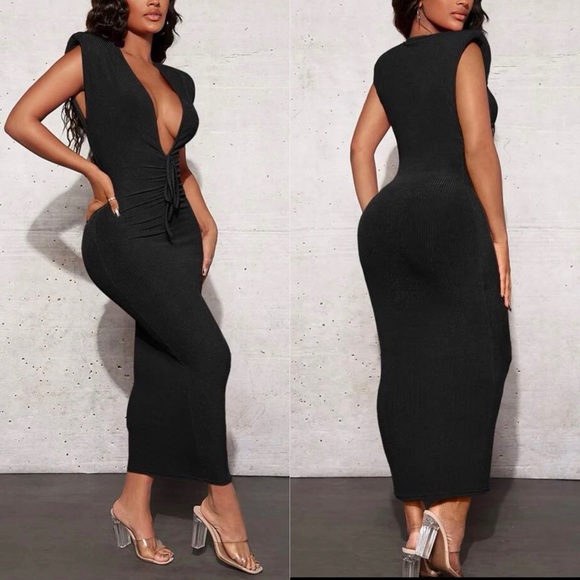 Dresses & Skirts - Plunging Neck Drawstring Front Shoulder Pad Bodycon Dress